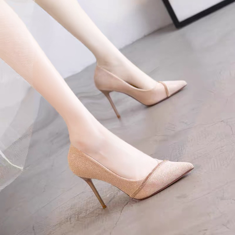 Design Sense Single-layer Shoes Stiletto Heel New Pointed High-heeled Shoes 2023 Spring and Autumn Mid-heeled Sequin Niche Women's French Shoes