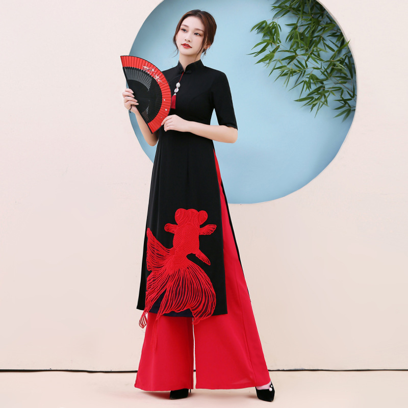 Chinese dress red with black qipao Vietnam Ao Dai cheongsam catwalk show  costume wmen wide-leg pants two-piece Chinese style long elegant cheongsam