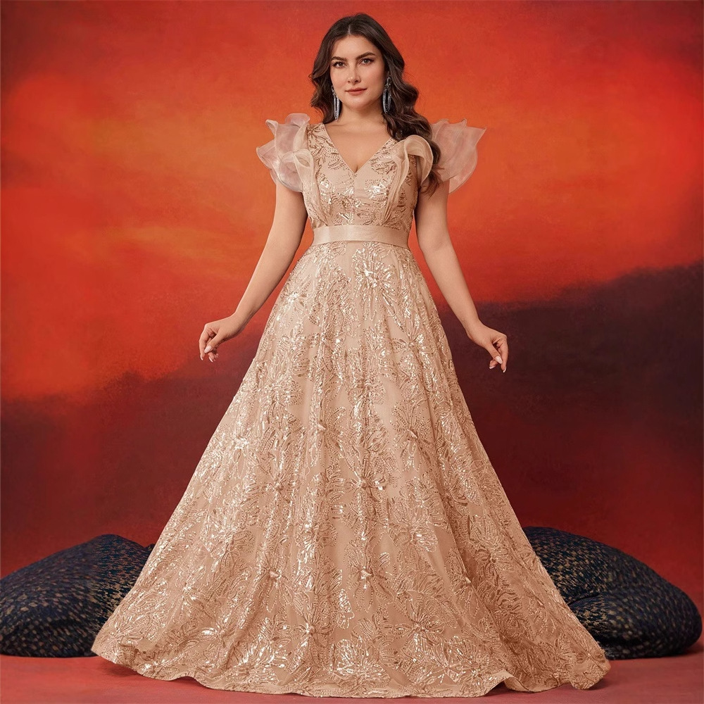 European and American plus size Fat Woman's Dress Elegant Beaded Stitching V-Neck Ruffled Party Cocktail Party Evening Dress dress