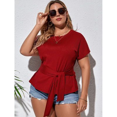 HY36061496#欧美大码女装上衣 2022纯色腰间系带居家休闲女T恤