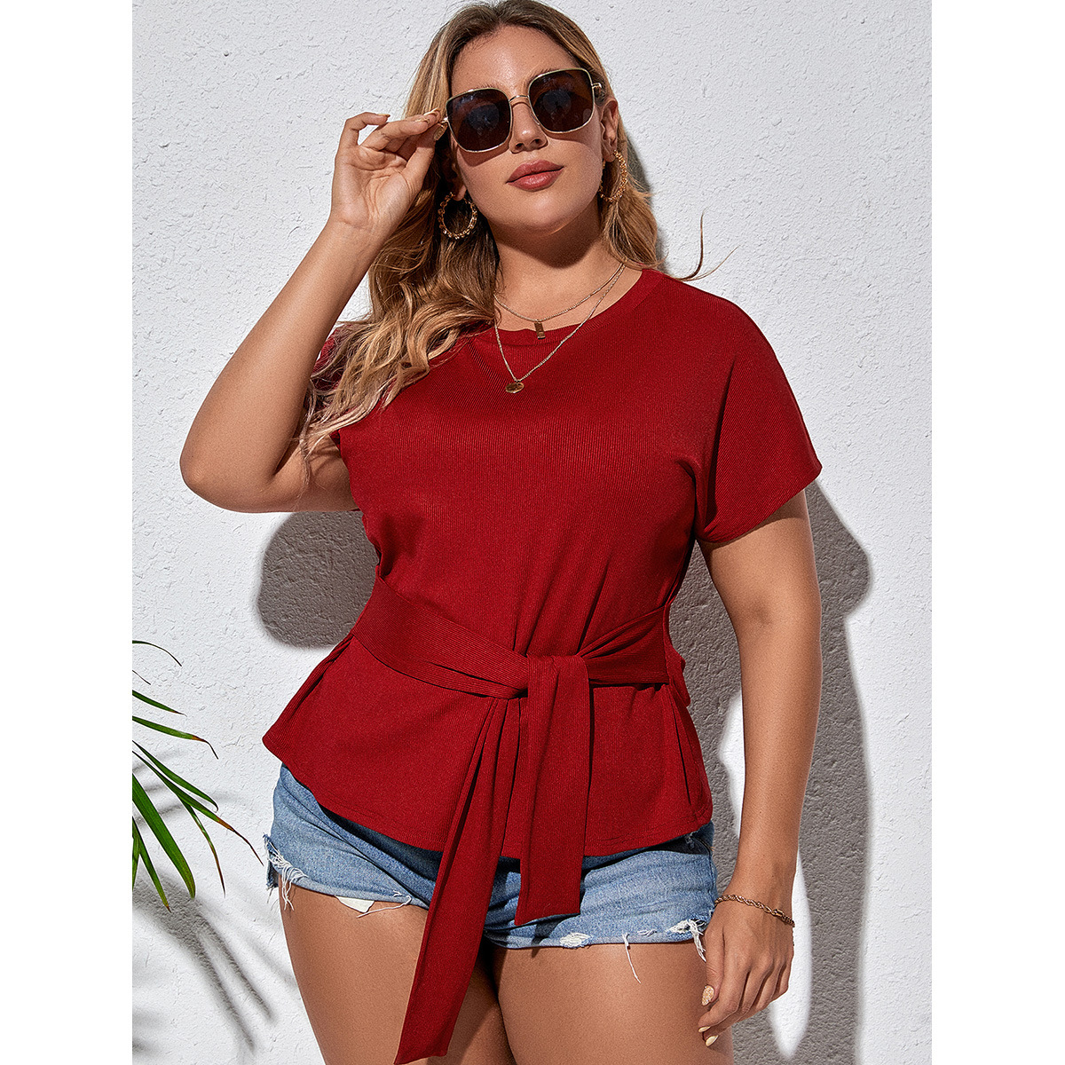 HY36061496#欧美大码女装上衣 2022纯色腰间系带居家休闲女T恤