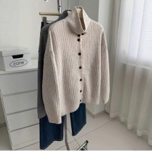 法式气质纽扣蕾丝边高领毛衣2025冬季懒惰风加厚立领针织开衫外套