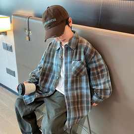男童格子衬衫2025春秋中大童开衫洋气长袖外套帅气休闲外穿上衣