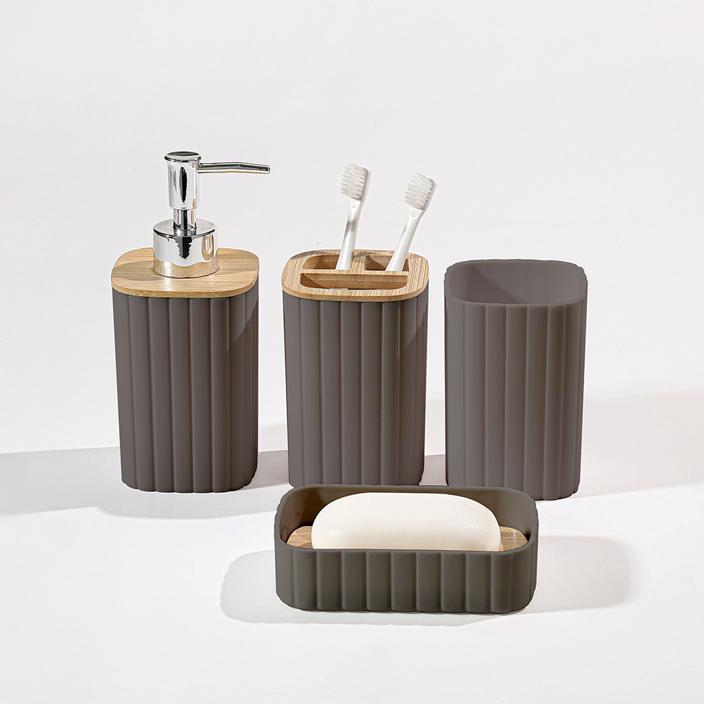 Baños de plástico a rayas transfronterizas cubierta de madera para lavar el hogar botella de emulsión boca taza de caja de jabón hotel set de 4 piezas