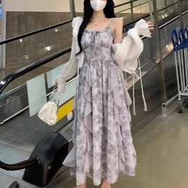 法式灰色扎染吊带连衣裙清冷感仙气仙女裙百搭绑带中长裙子女