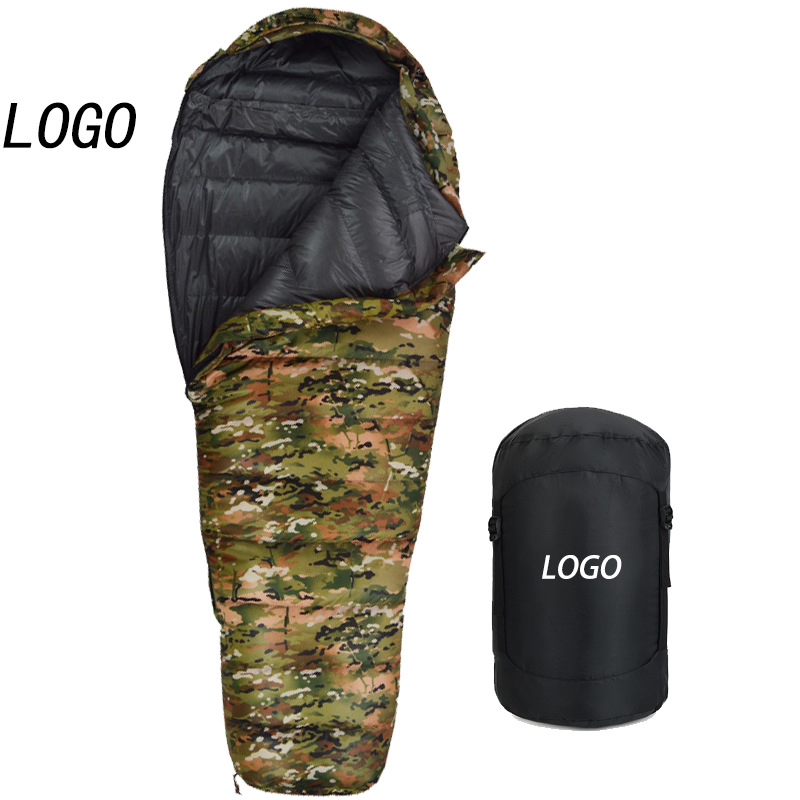 Fábrica al por mayor al aire libre pato abajo ultraligero abajo saco de dormir momia caliente abajo saco de dormir de una sola pieza de entrega