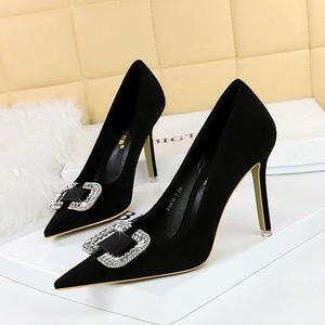 516-K69 European and American Fashion Banquet High Heel Shoes Women&apos;s Shoes with Thin Heels, Suede Surface, Shallow