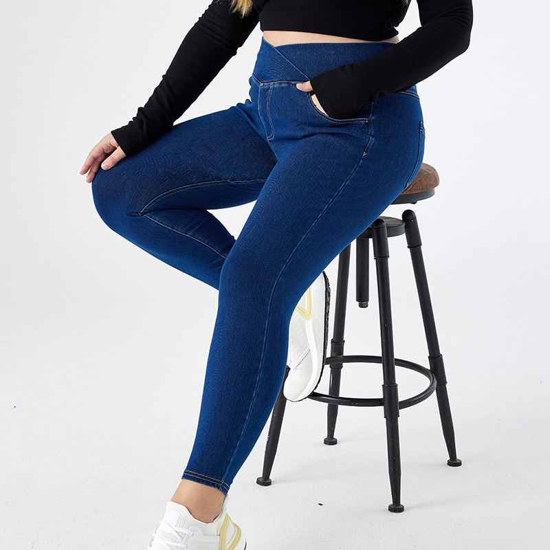 Pantalones de yoga de mezclilla de gran tamaño transfronterizos europeos y americanos para mujeres con grasa y cintura cruzada, pantalones casuales de fitness ajustados de alta elasticidad