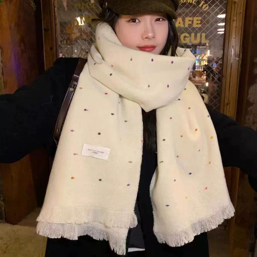 彩虹糖豆点子氛围感纱新款韩版围巾女冬甜美流苏保暖仿羊绒围脖披