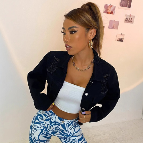 YT030#Amazon Cross-Border Women's Wear INS Casual Loose-Fit Distressed Long-Sleeve Cropped Denim Jacket