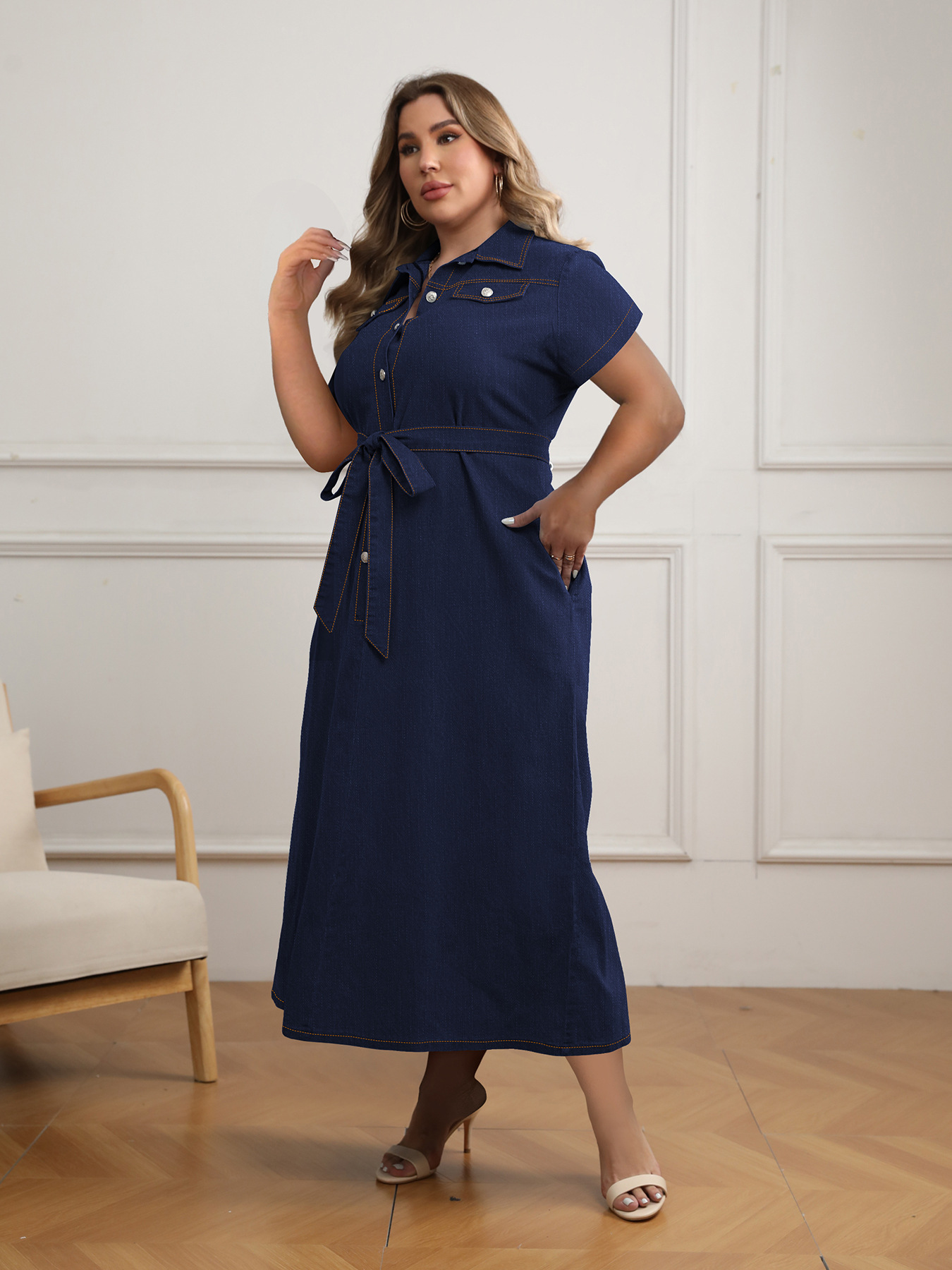 Damen Plus Size Jeans-wickelkleid Mit Gürtel Und A-linien-schnitt_voghion.com