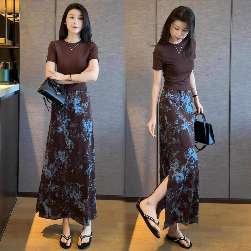 时尚套装裙女2025夏新款时髦洋气设计感镂空短袖T恤半身裙两件套|undefined