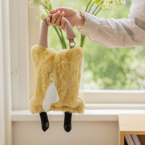 Furry little monster paper bag, hanging INS rabbit fur tissue bag, car tissue box, portable tissue bag
