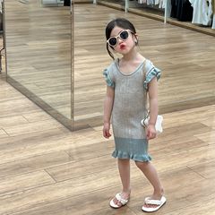 童裝女童連衣裙2024夏裝裙子軟糯坑條拼色花邊袖修身背心裙公主裙