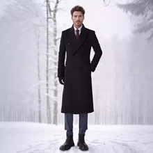 现货跨境男装秋冬季加厚夹棉超长款过膝毛呢大衣男士修身风衣外套