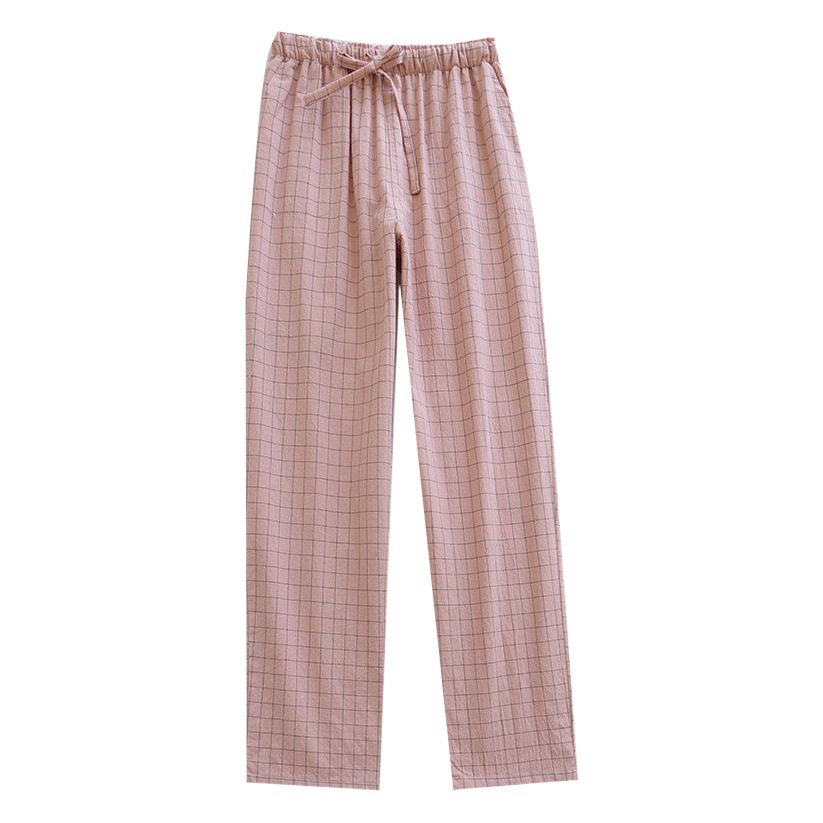 Washed cotton men's and women's home wear spring and autumn summer pajama pants pure cotton couple trousers thin Japanese Plaid home trousers