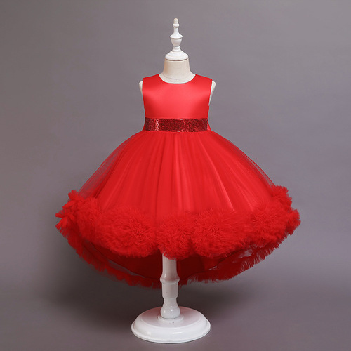 New Women's Children's Dress Princess Dress Net Fabric Flower Puffed Dress with Back Heart and Train for Piano Performance