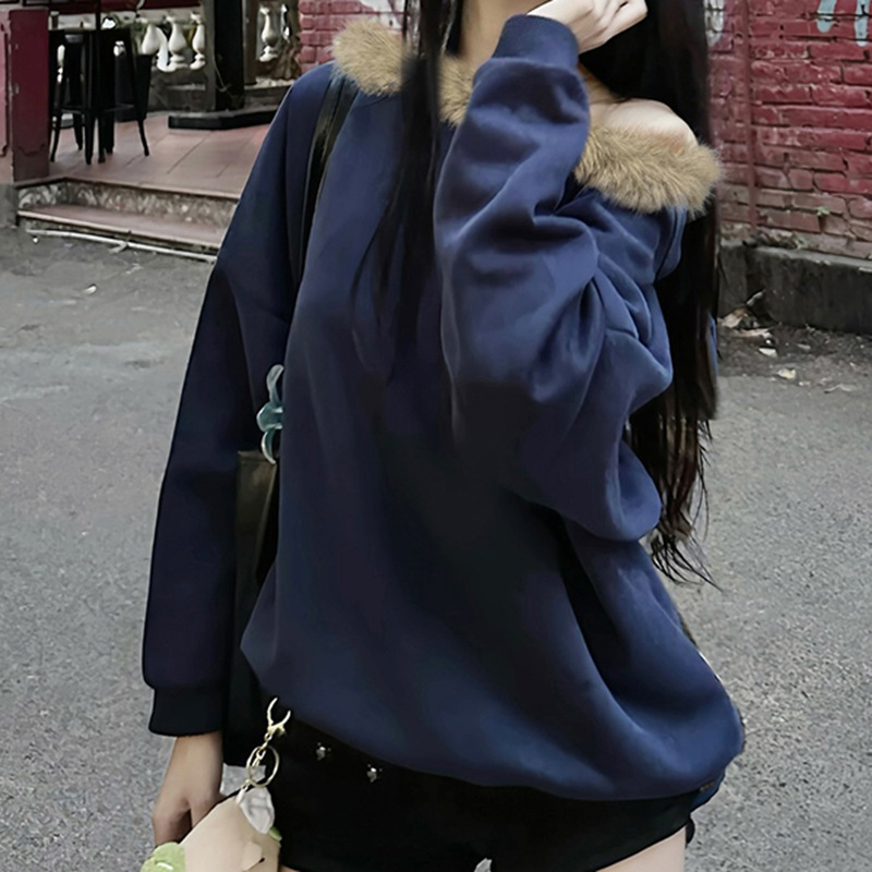 Street Furry Stitching Personality Diagonal Collar Loose Sweatshirt Sexy Sexy off Shoulder Casual Long Sleeves