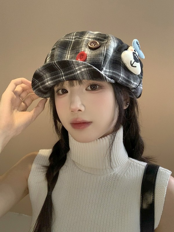 可爱复古纽扣前进帽女春秋百搭小众画家y2k亚文化格子帽贝雷帽子|undefined