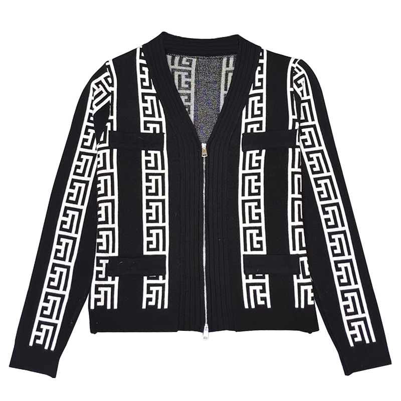 H6121法式几何图形小香风针织开衫秋装新款V领拉链长袖外套毛衣女