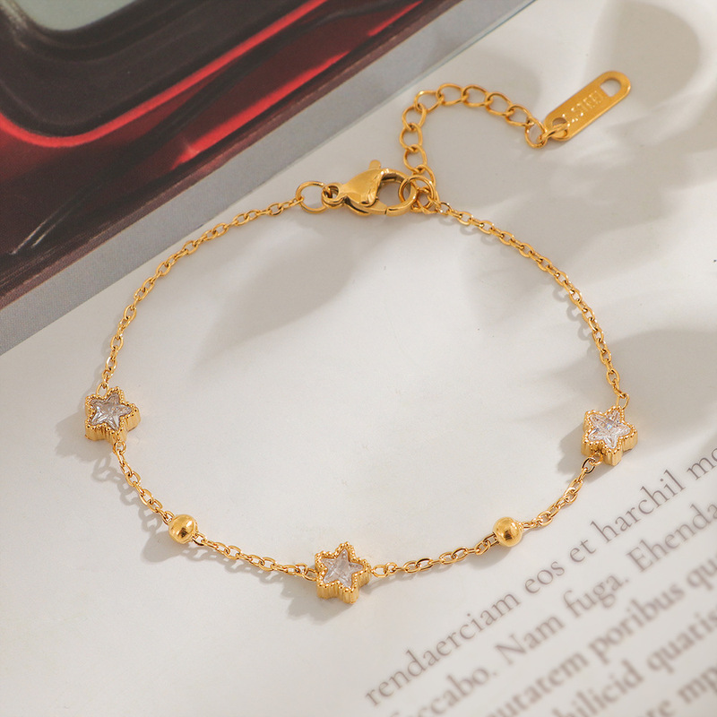 Exquisite Sparkling Diamond Titanium Steel Five-Pointed Star Bead Bracelet for Women, Fashionable, Simple and Light Luxury Design, Gold Bracelet That Does Not Fade