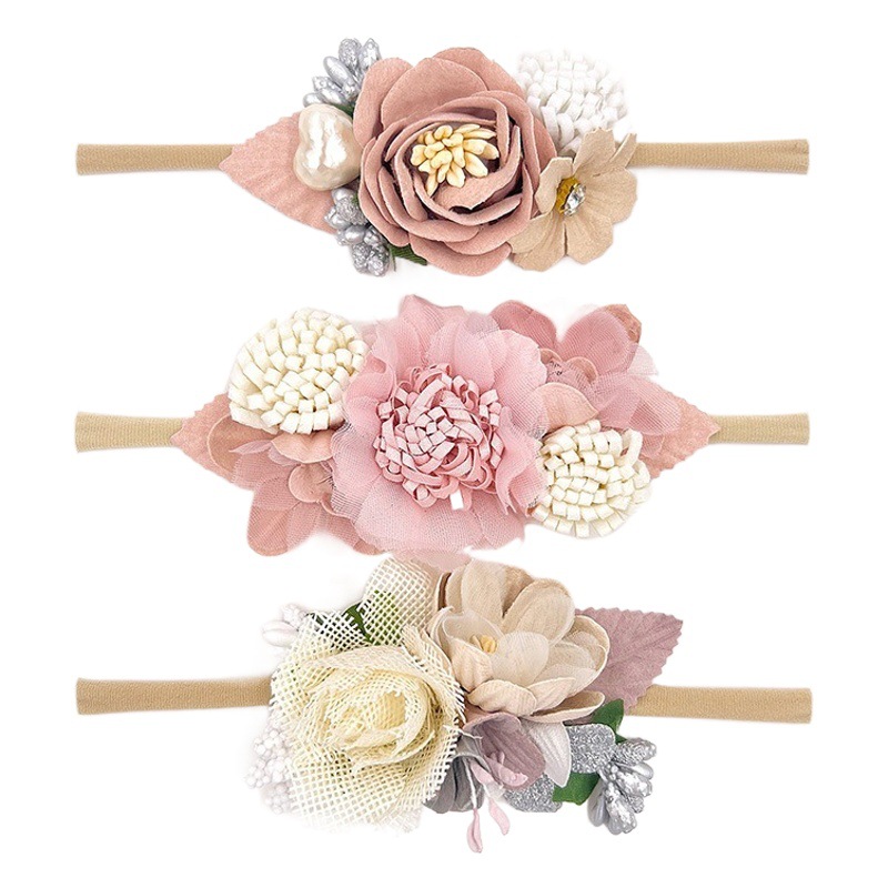 Tocado de flores de banda de pelo de tela europea y americana accesorios para el cabello de costura para niños combinación de traje de seda de rábano Rosa Flor de tocado dulce