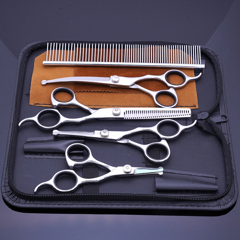 Venta directa transfronteriza tijeras de belleza para mascotas tijeras de corte de pelo de perro tijeras curvadas tijeras de corte de pelo de mascota profesional tijeras de dientes finos traje