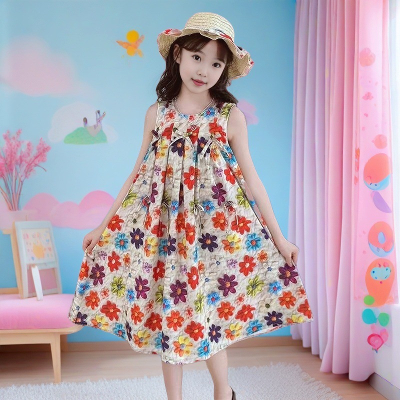 Girls' Skirt Summer Korean Style Thin Sleeveless dress 3D Flower Three-dimensional Vacant Skirt Korean Style Strap Trendy Children's Skirt