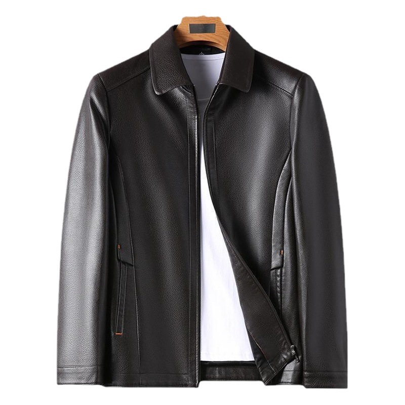 Men's Leather Jacket Men's 2025 Autumn New Middle-Aged Fashion Business Lapel Velvet Casual Men's Leather Jacket