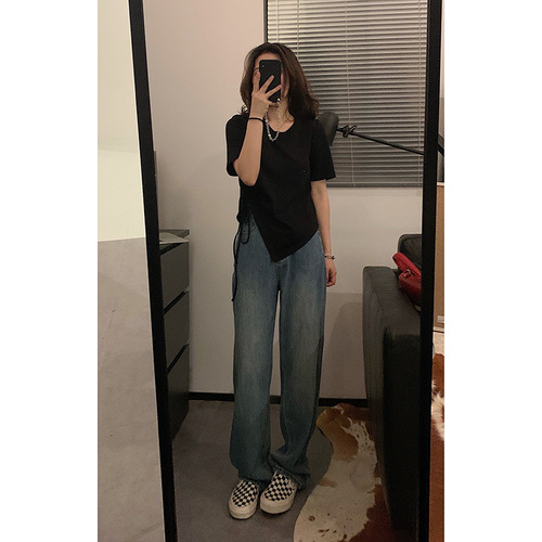 Women's Short-Sleeve T-Shirt for Summer, 2025 New Arrival with Drawstring Design, Unique and Minimalist Style, High-Waisted Student Top