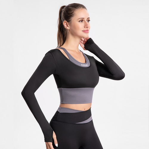 Yoga clothes for women with chest pads, fake two-piece new autumn and winter running training quick-drying long-sleeved sports tops fitness clothes