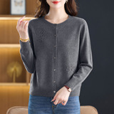 气质羊毛2025春秋新款钉珠花朵针织开衫女洋气100%羊毛百搭上衣，女装针织衫/毛衣，妃慕昵服饰