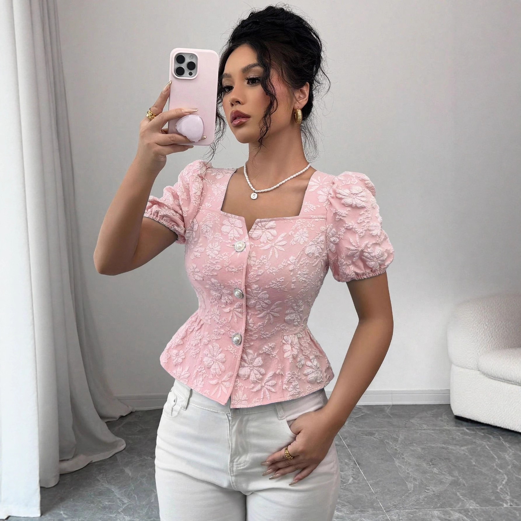 European and American Cross-Border Women's Summer Fashion Elegant Casual Shirt Square Neck Puff Sleeve Short-Sleeved Sweet Top