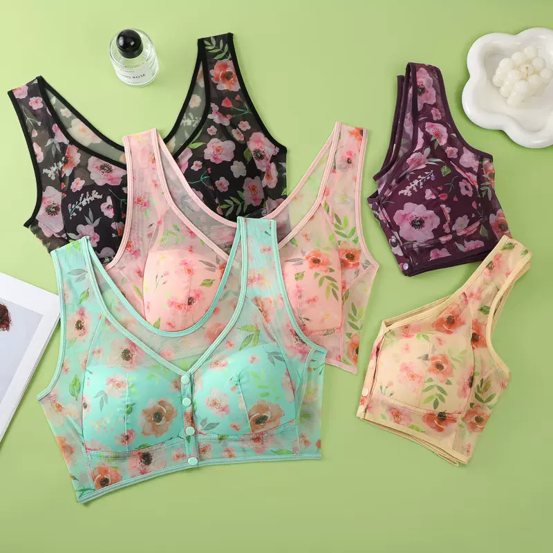 前开扣内衣固定杯大码蕾丝印花聚拢无钢圈透气超薄中老年文胸女