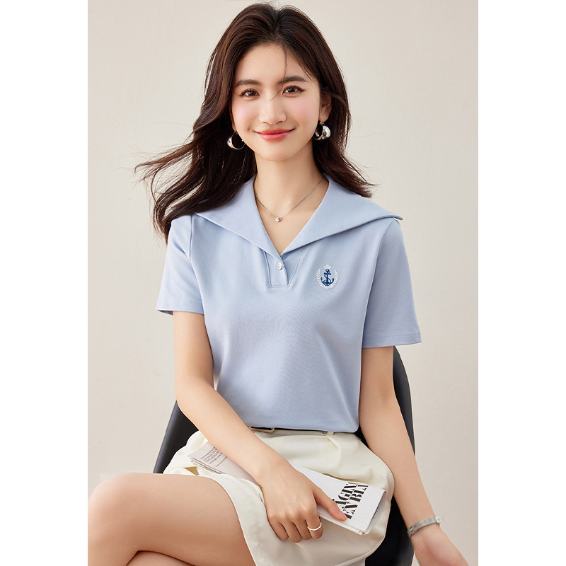 Navy Collar Short-Sleeved T-Shirt for Women Summer 2025 New French Design Sense Fashionable Versatile Blue T-Shirt Top