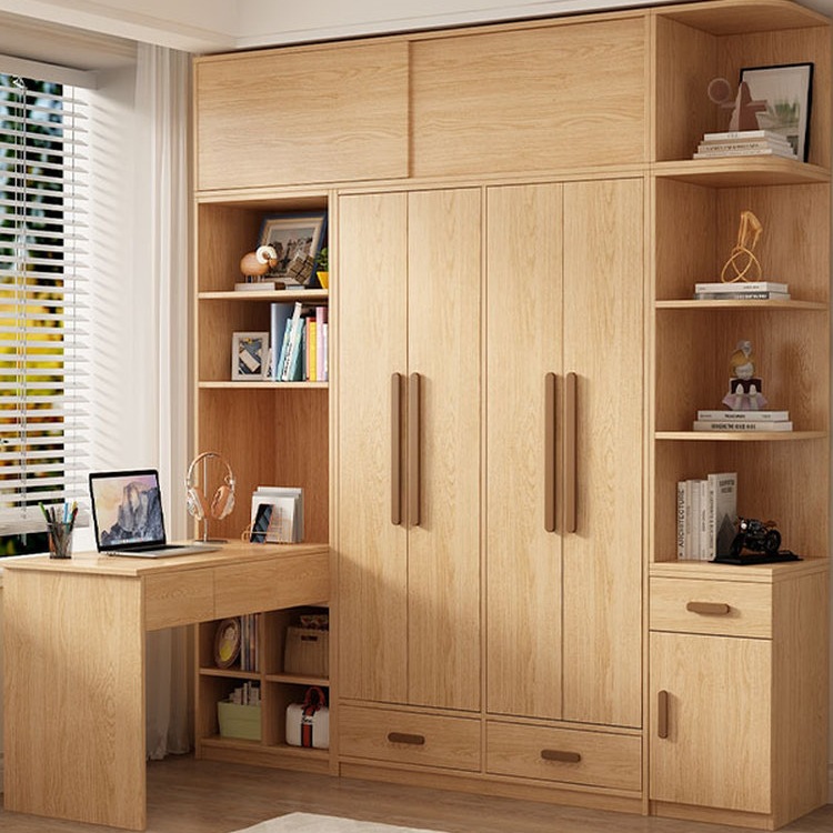 全实木转角书桌衣柜一体组合小户型拐角带电脑桌卧室家用定 制衣