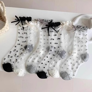 Polka Dot Ruffle Crystal Stockings for Women, Summer Thin Breathable Japanese Jk Bow Ballet Style Transparent Mid-Calf Socks