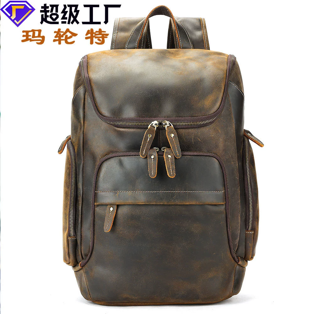 玛轮特 Retro leather capacious backpack for traveling, high-end, cowhide, genuine leather
