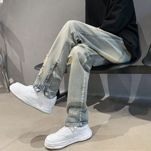 Men's Ripped Denim Jeans with Unique Design, Western Street Style, Vibe, Trendy Brand, American Summer, Ins Zipper Pants