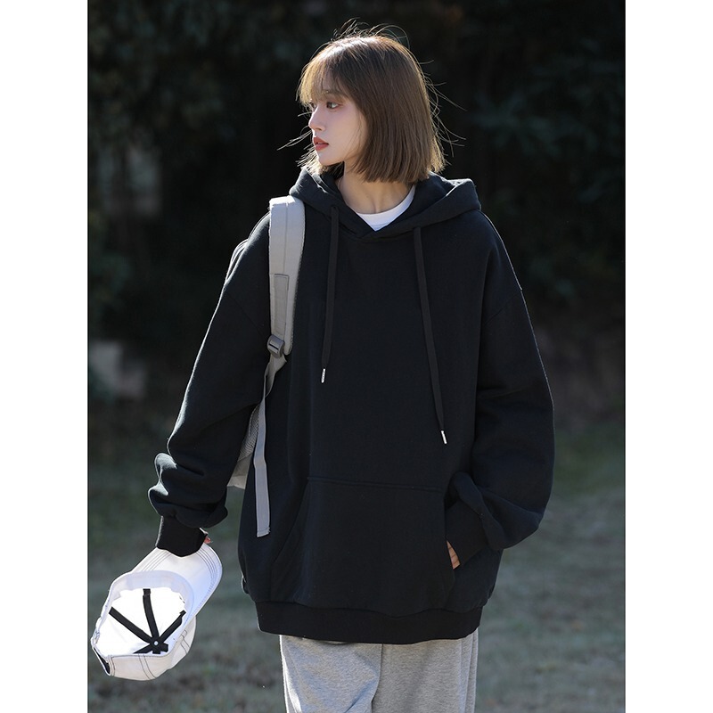 Pure Black 300g Heavyweight Sweatshirt for Men and Women Hooded Spring and Autum Chinese Cotton Japanese Style Loose American Couple Jacket 4XL