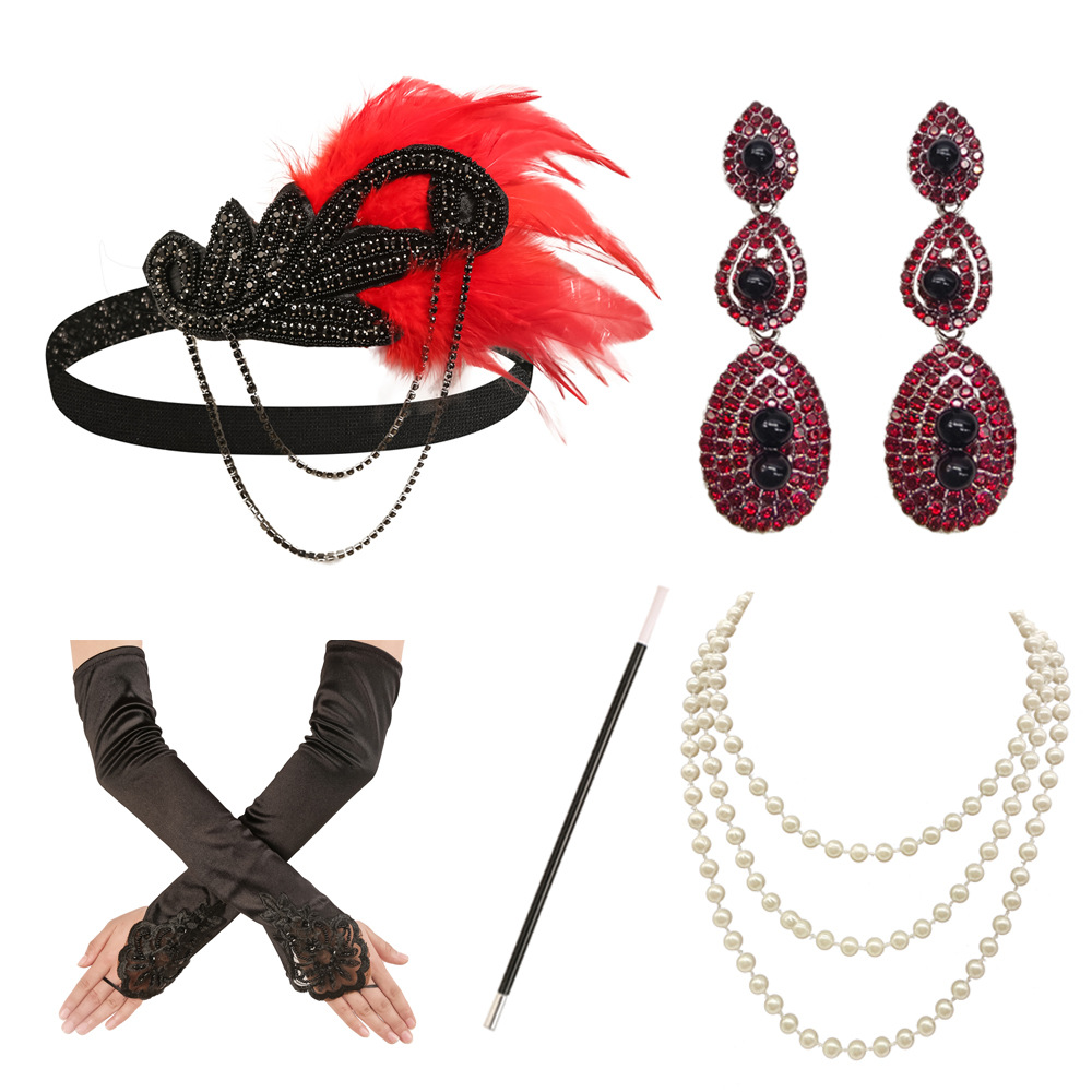 1920 Flapper vestido de niña disfraz de Halloween guantes de cigarrillos collar de varilla venda tira de lana conjunto de cinco piezas