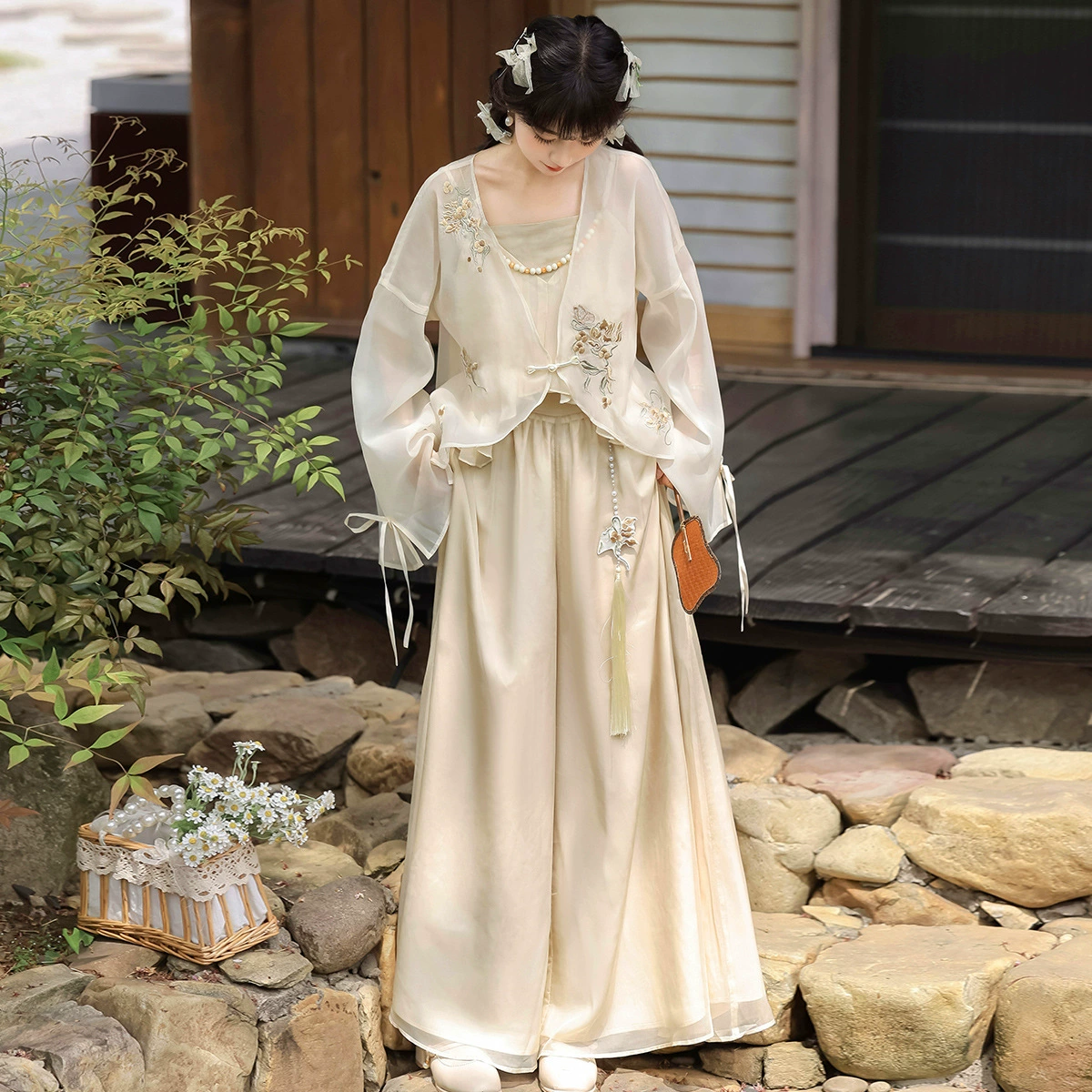 倚梦阁 Genuine Hanfu, брюки, набор, китайский стиль, ремешок бюстгальтер