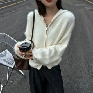 连帽双拉链针织开衫女欧洲站2026秋新款百搭拉毛羊毛毛衣外套女潮