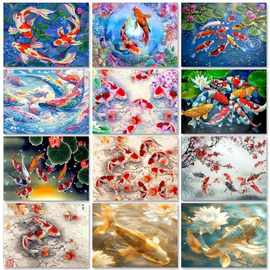 池塘荷花金鱼动物山水油画厂家批发来图打印帆布画芯跨境电商虾皮