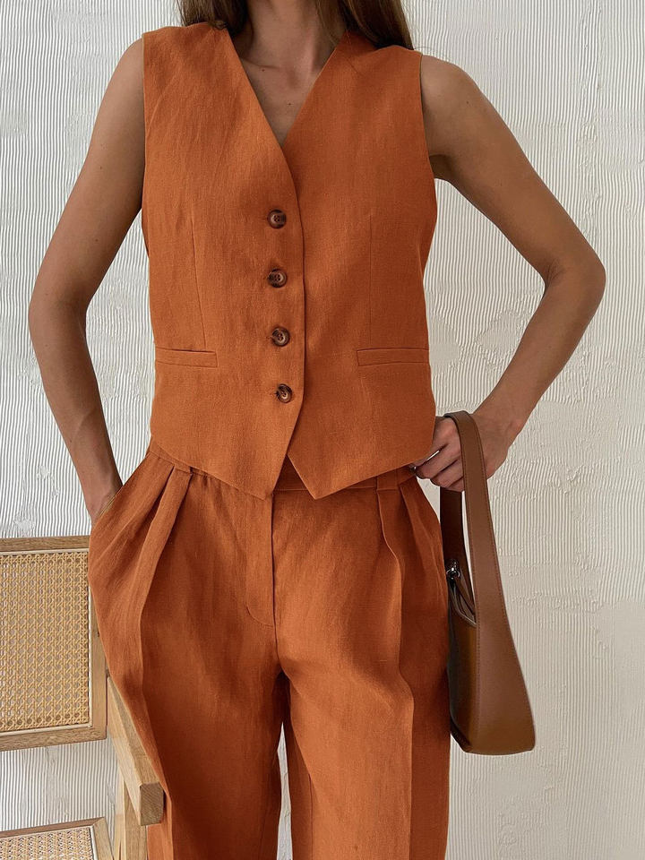 Bộ vest nữ hai mảnh áo vest không tay kèm quần cạp thấp phong cách hiện đại — Kaki, Màu cam, Màu đen chi tiết 23
