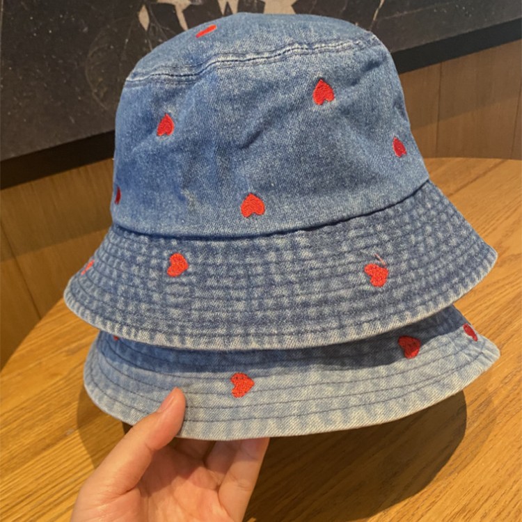 Sombrero de primavera y verano, mujer, bordado plegable, amor, sombrero de pescador de mezclilla, mujer, retro de moda, viejo, todo fósforo, cara, sombrero de lavabo pequeño