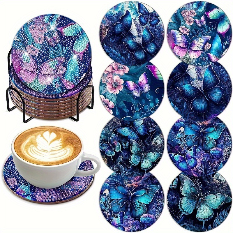 Ventas transfronterizas calientes de 8 piezas de conjunto de cojín de taza de arte de diamante, con soporte, pequeño conjunto de pintura de diamante, adecuado para adultos