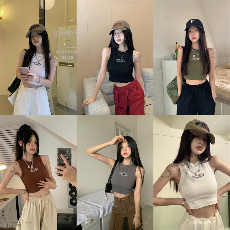 Nuevo estilo retro bordado caliente chica de algodón en forma de I Chaleco con almohadilla en el pecho Sling camisa de fondo exterior sin mangas