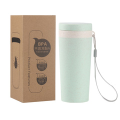 批發小麥秸稈雙層塑料杯廣告印刷logo掛繩水杯創意可愛學生隨手杯