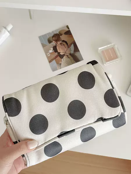 Large polka dot canvas makeup bag, niche, portable, high aesthetic value, large capacity, with mirror, lightweight travel storage bag